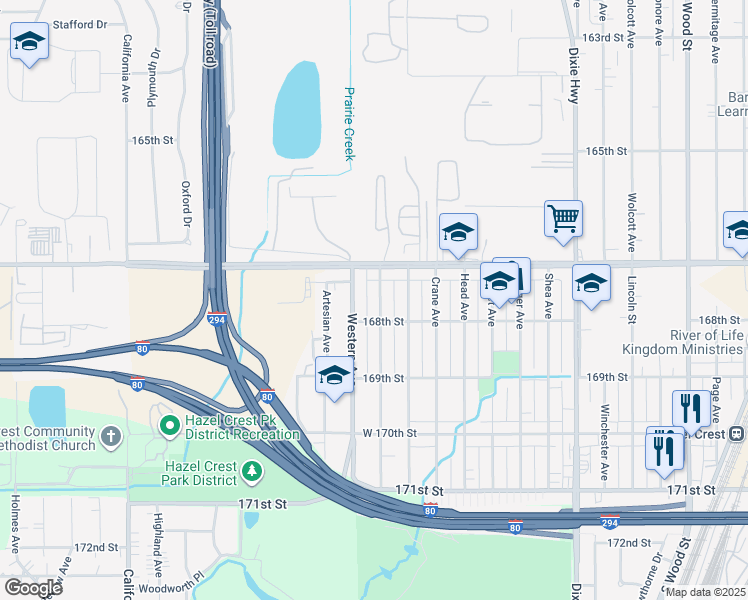 map of restaurants, bars, coffee shops, grocery stores, and more near 16750 Orchard Ridge Avenue in Hazel Crest