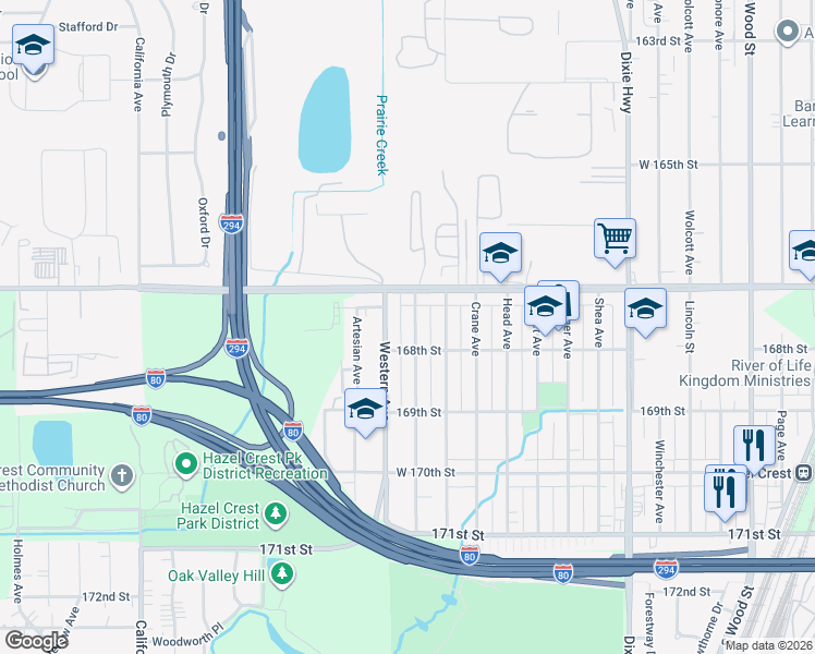 map of restaurants, bars, coffee shops, grocery stores, and more near 16743 Western Avenue in Hazel Crest