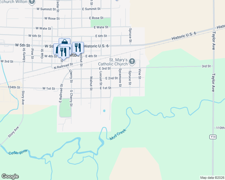 map of restaurants, bars, coffee shops, grocery stores, and more near 100 South Cypress Street in Wilton