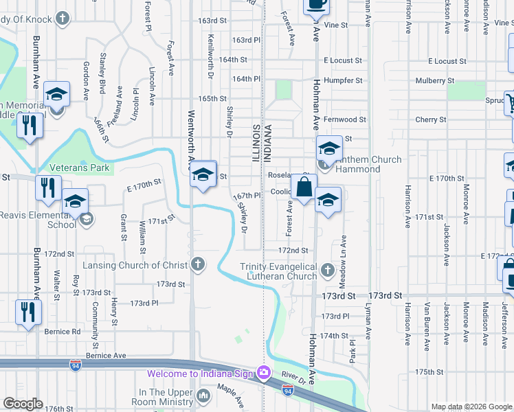 map of restaurants, bars, coffee shops, grocery stores, and more near 7107 State Line Avenue in Hammond