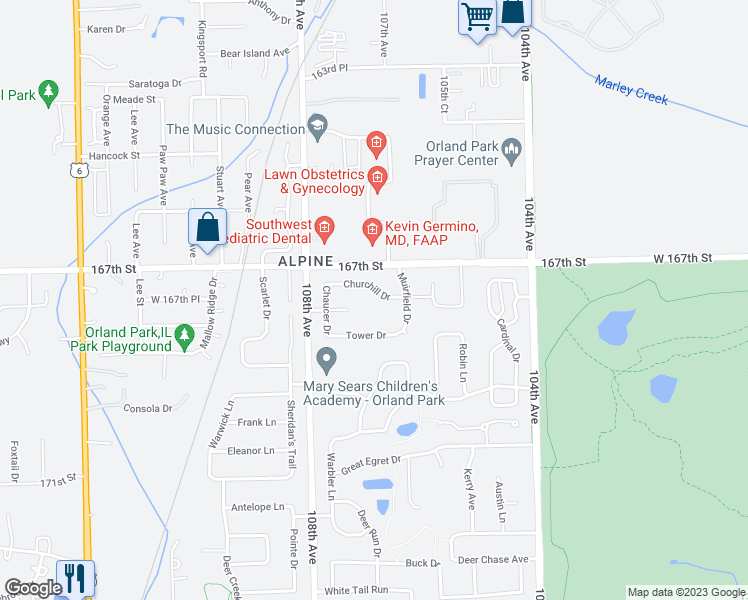 map of restaurants, bars, coffee shops, grocery stores, and more near 10641 Churchill Drive in Orland Park