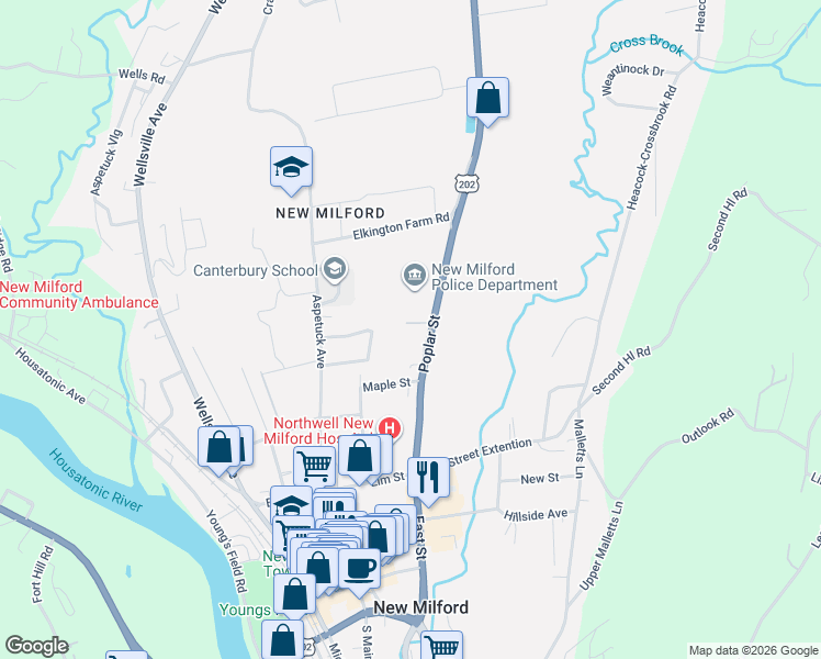 map of restaurants, bars, coffee shops, grocery stores, and more near 34 Poplar Street in New Milford