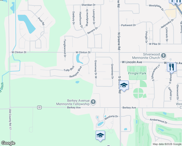 map of restaurants, bars, coffee shops, grocery stores, and more near 56 Greenway Drive in Goshen