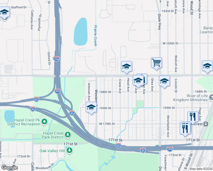 map of restaurants, bars, coffee shops, grocery stores, and more near 16779 Orchard Ridge Avenue in Hazel Crest
