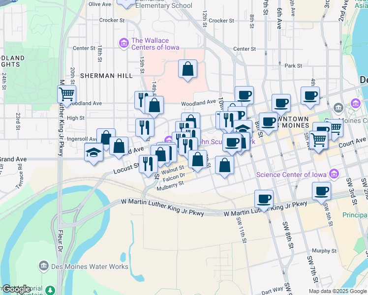 map of restaurants, bars, coffee shops, grocery stores, and more near 1402 Locust Street in West Des Moines