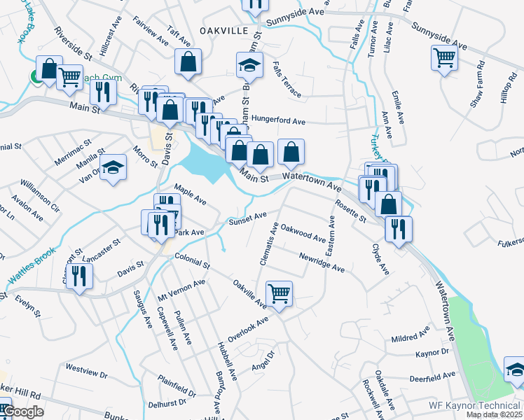 map of restaurants, bars, coffee shops, grocery stores, and more near 26 Sunset Avenue in Waterbury