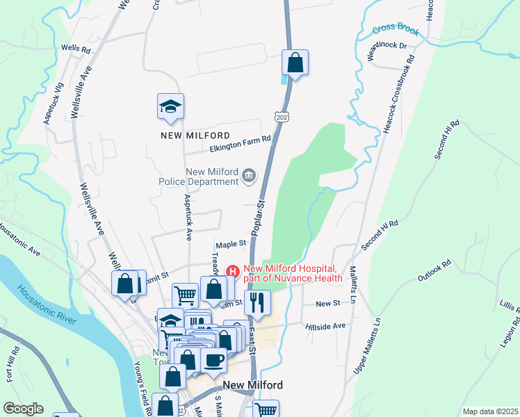 map of restaurants, bars, coffee shops, grocery stores, and more near 34 Poplar Street in New Milford
