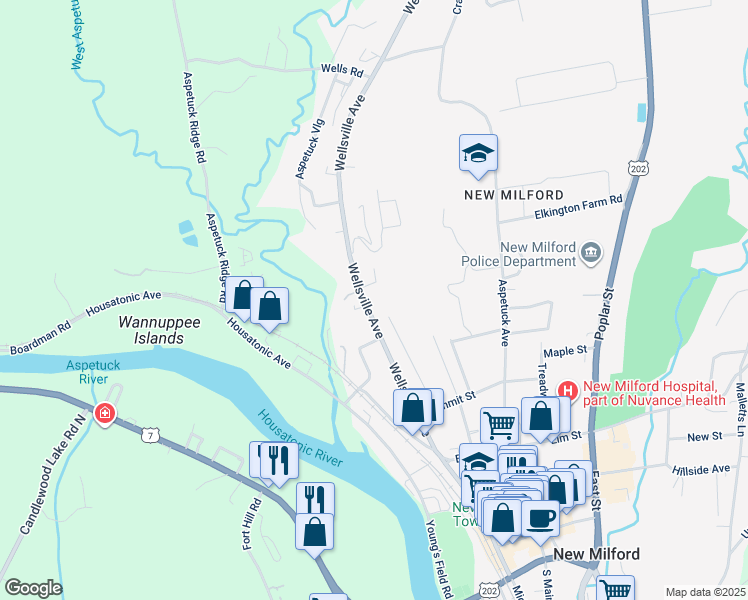 map of restaurants, bars, coffee shops, grocery stores, and more near 31 Taylor Street in New Milford