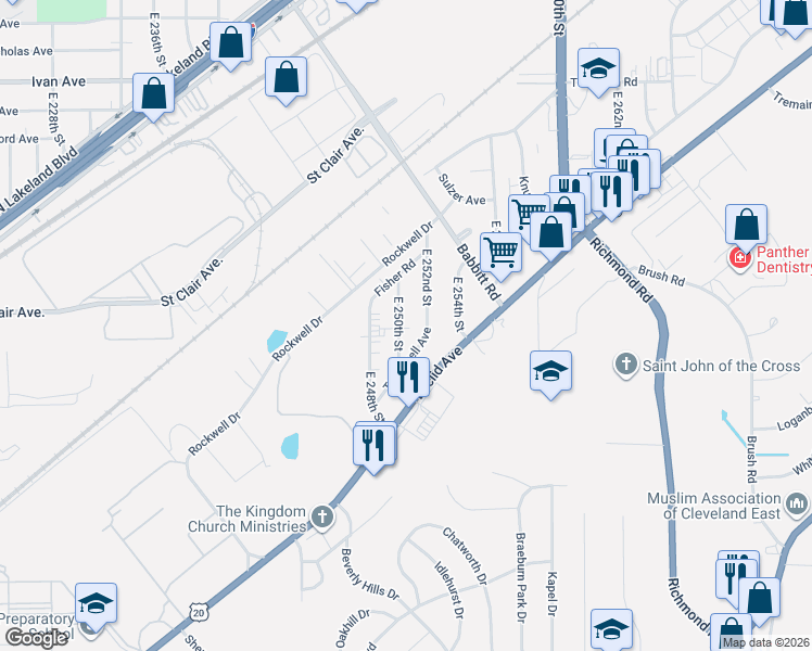 map of restaurants, bars, coffee shops, grocery stores, and more near 25180 Treadwell Avenue in Euclid