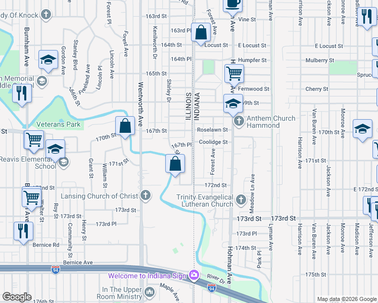 map of restaurants, bars, coffee shops, grocery stores, and more near 7107 State Line Avenue in Hammond