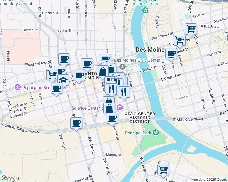 map of restaurants, bars, coffee shops, grocery stores, and more near 316 Court Avenue in Des Moines