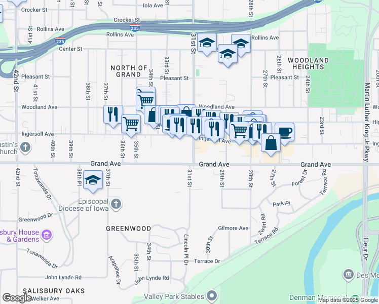 map of restaurants, bars, coffee shops, grocery stores, and more near 3103 Grand Avenue in Des Moines
