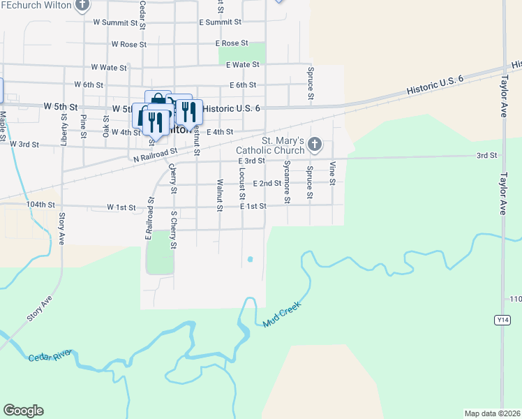 map of restaurants, bars, coffee shops, grocery stores, and more near 100-198 S Cypress St in Wilton
