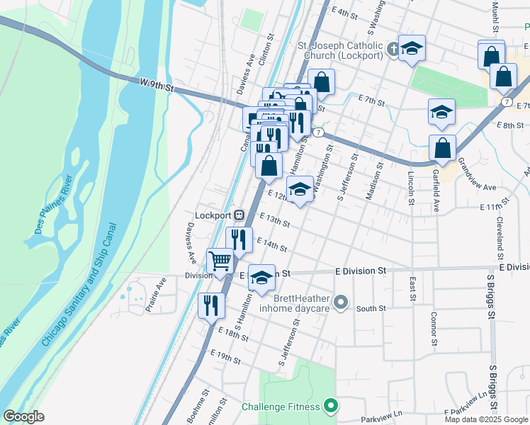 map of restaurants, bars, coffee shops, grocery stores, and more near 114 East 14th Street in Lockport