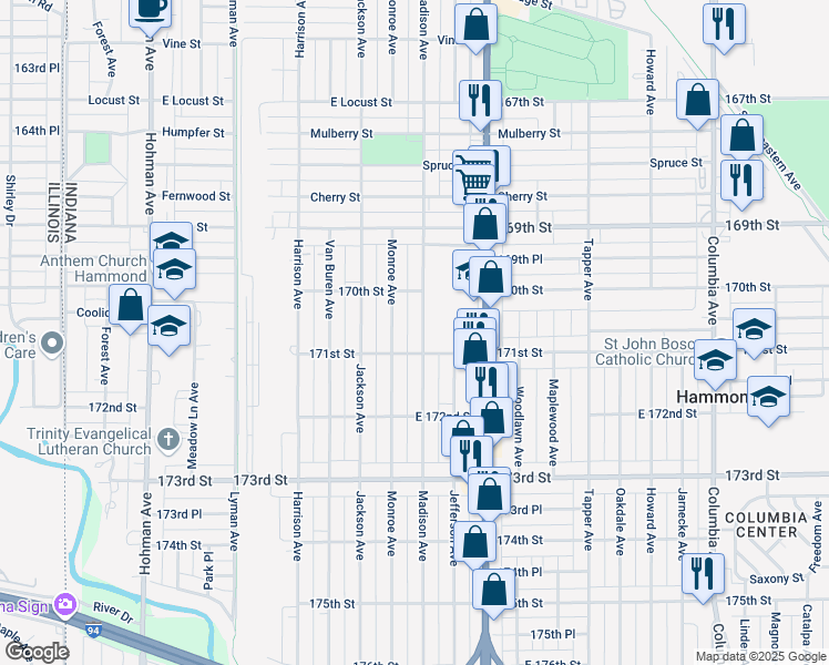 map of restaurants, bars, coffee shops, grocery stores, and more near 7036 Madison Avenue in Hammond