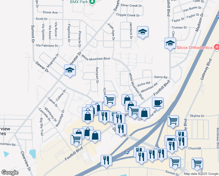 map of restaurants, bars, coffee shops, grocery stores, and more near 2609 Pueblo Trail in Rock Springs