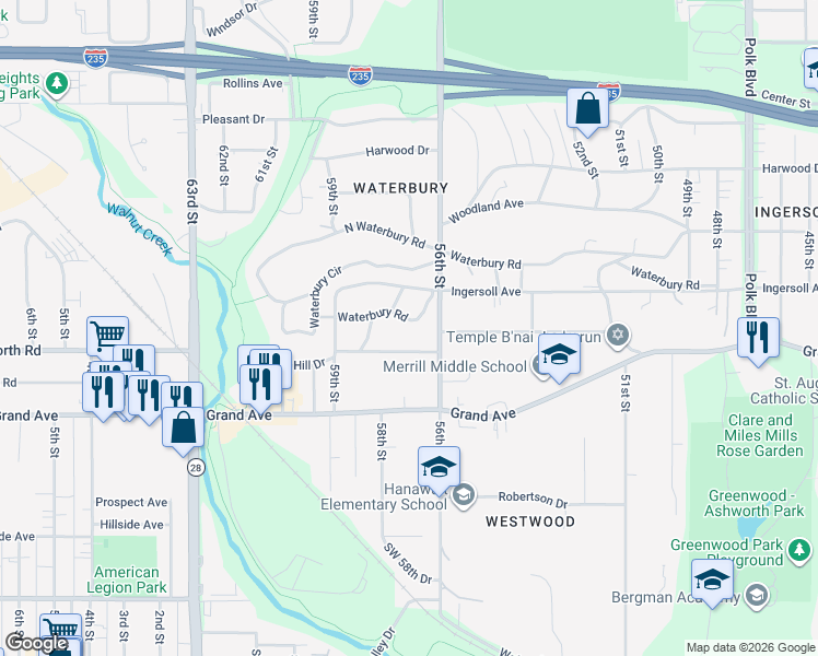 map of restaurants, bars, coffee shops, grocery stores, and more near 5604 Walnut Hill Avenue in Des Moines