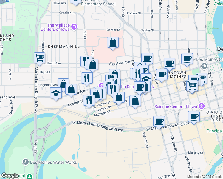 map of restaurants, bars, coffee shops, grocery stores, and more near 1301 Locust Street in Des Moines