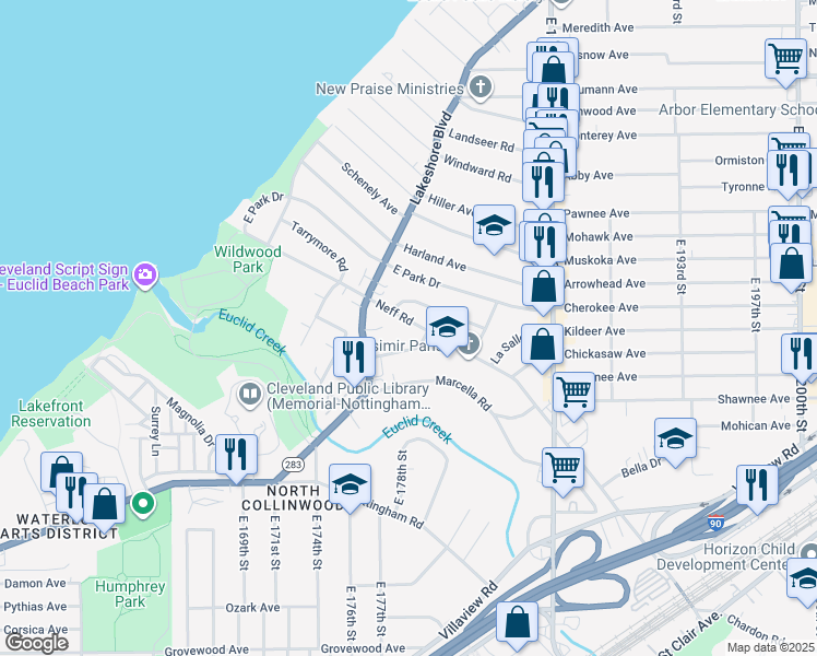 map of restaurants, bars, coffee shops, grocery stores, and more near 17818 Neff Road in Cleveland