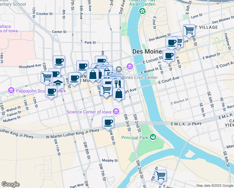 map of restaurants, bars, coffee shops, grocery stores, and more near 307 Court Avenue in Des Moines