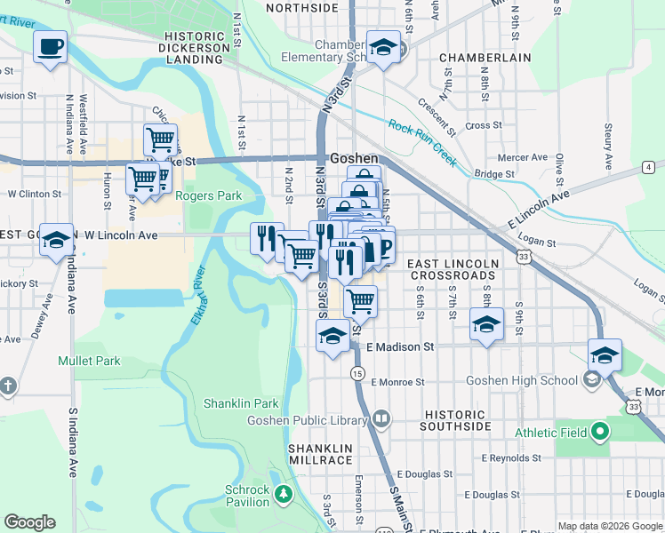 map of restaurants, bars, coffee shops, grocery stores, and more near 117 West Washington Street in Goshen