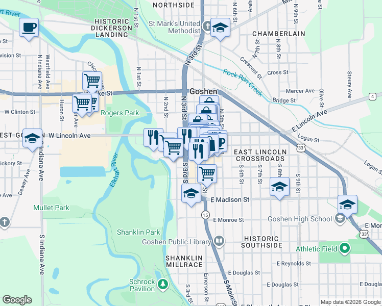map of restaurants, bars, coffee shops, grocery stores, and more near 117 West Washington Street in Goshen