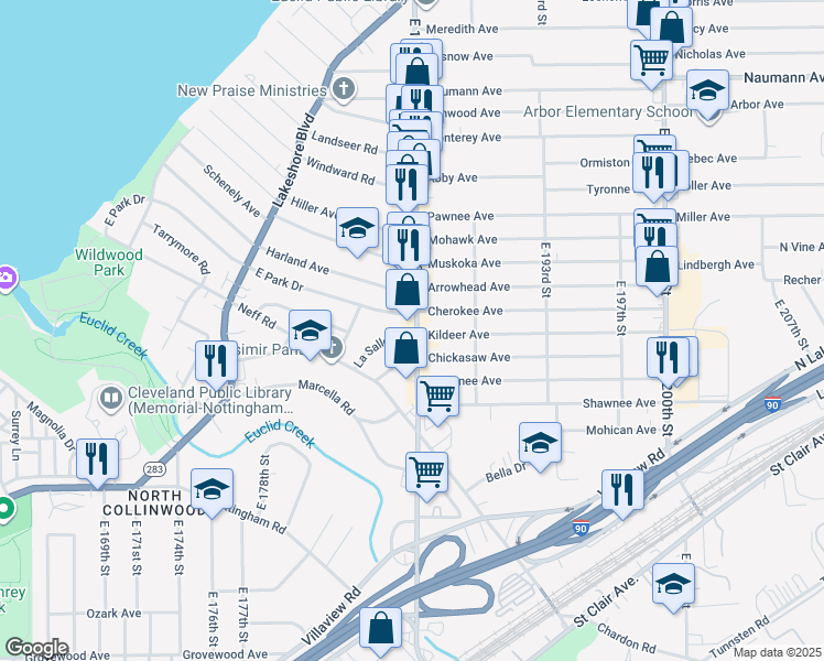 map of restaurants, bars, coffee shops, grocery stores, and more near in Cleveland