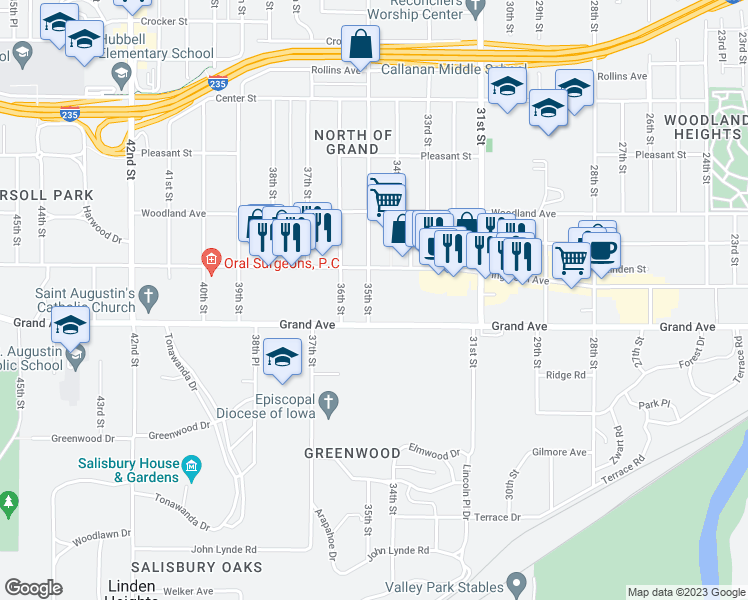 map of restaurants, bars, coffee shops, grocery stores, and more near 531 35th Street in Des Moines