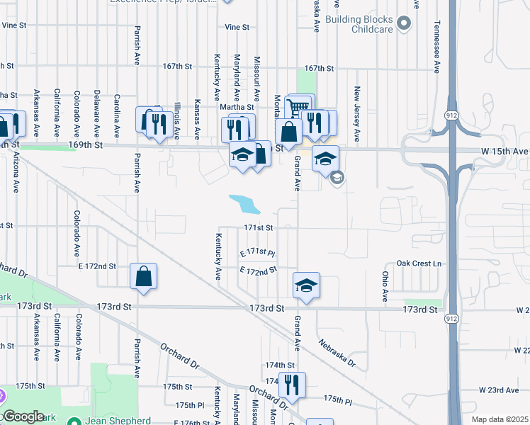 map of restaurants, bars, coffee shops, grocery stores, and more near 7018 Grand Avenue in Hammond