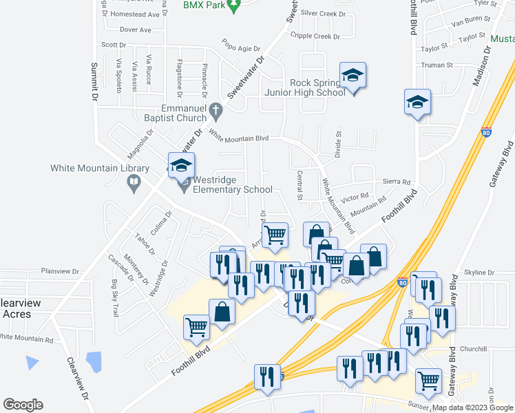 map of restaurants, bars, coffee shops, grocery stores, and more near 404 Arrowhead Drive in Rock Springs