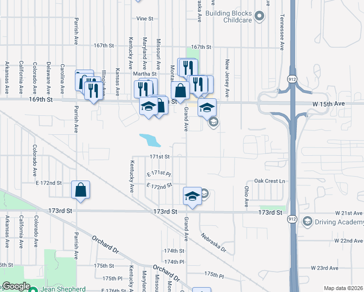 map of restaurants, bars, coffee shops, grocery stores, and more near 7010 Grand Avenue in Hammond
