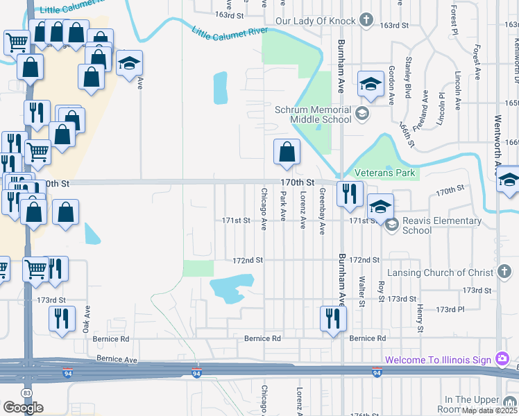 map of restaurants, bars, coffee shops, grocery stores, and more near 17040 Chicago Avenue in Lansing