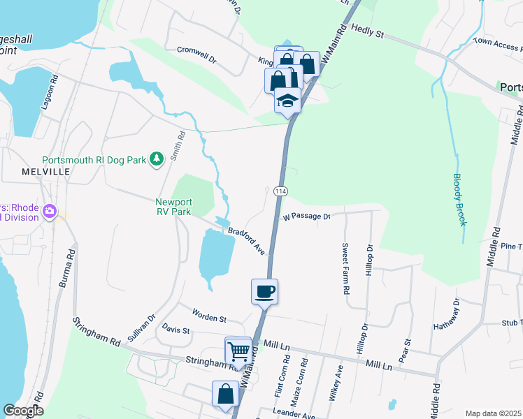 map of restaurants, bars, coffee shops, grocery stores, and more near 29 Leland Point Drive in Portsmouth