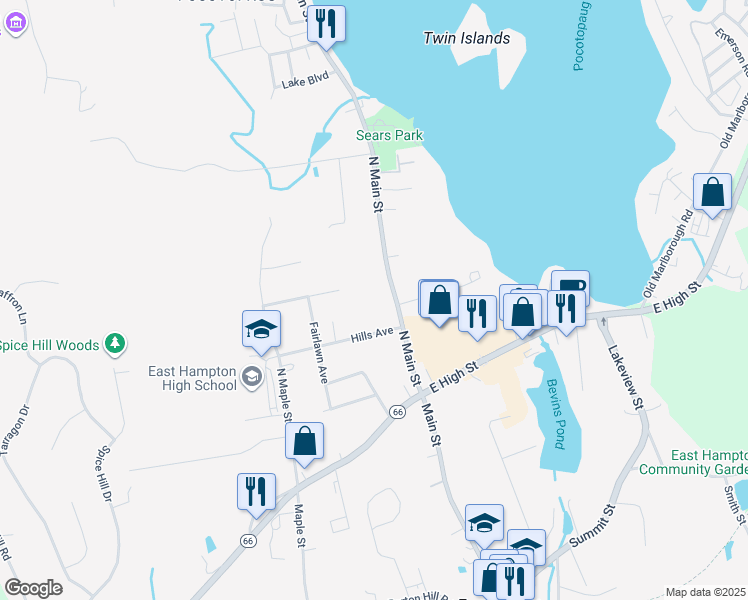 map of restaurants, bars, coffee shops, grocery stores, and more near 41 Main Street in East Hampton