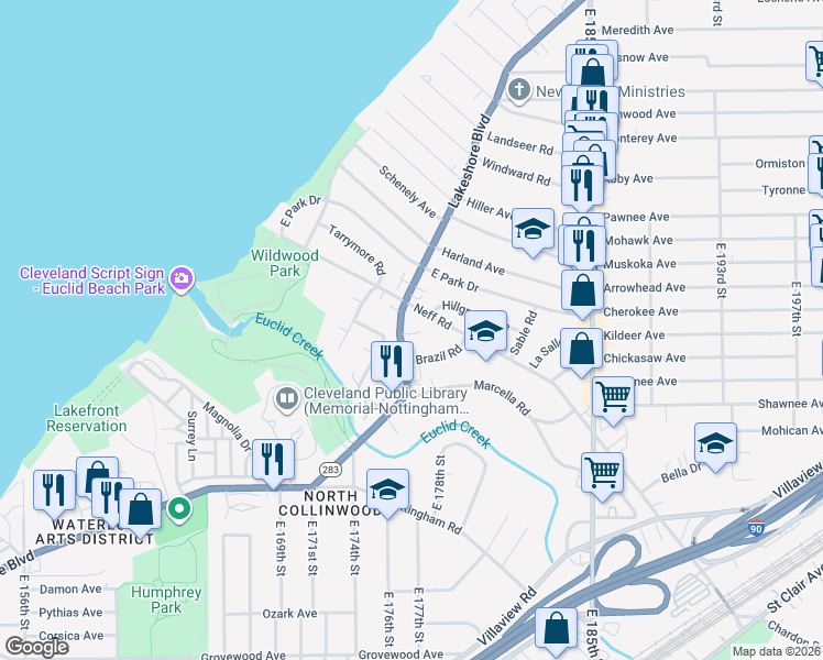 map of restaurants, bars, coffee shops, grocery stores, and more near in Cleveland