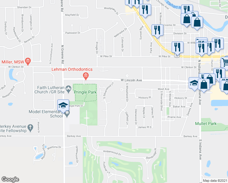 map of restaurants, bars, coffee shops, grocery stores, and more near 1738 West Lincoln Avenue in Goshen
