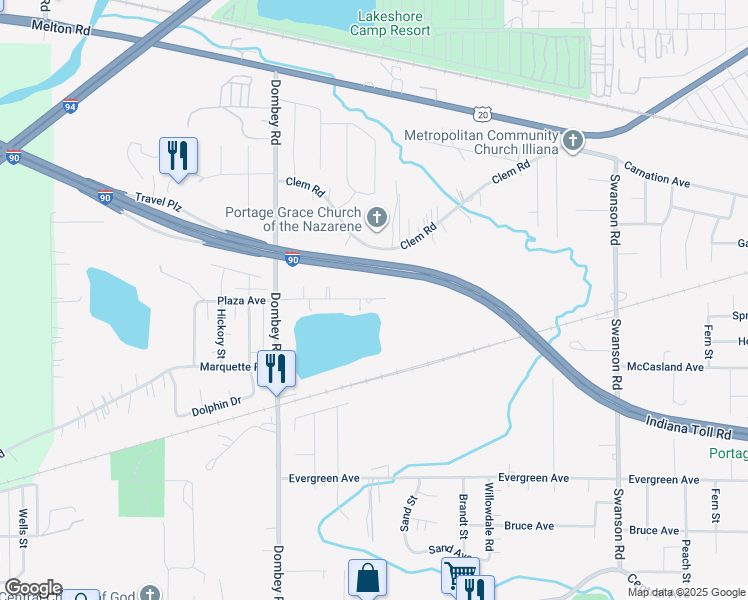 map of restaurants, bars, coffee shops, grocery stores, and more near Indiana East-West Toll Rd in Portage
