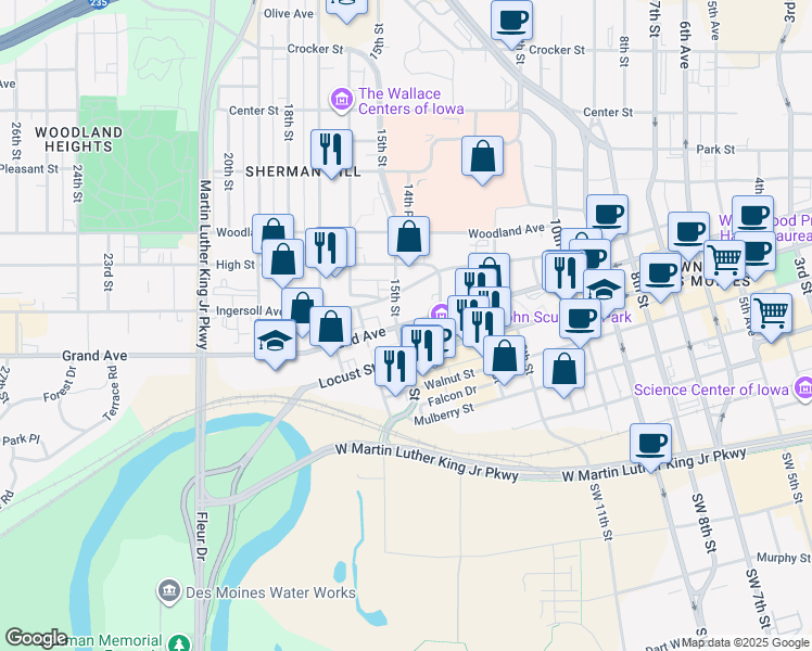 map of restaurants, bars, coffee shops, grocery stores, and more near 1459 Grand Avenue in Des Moines