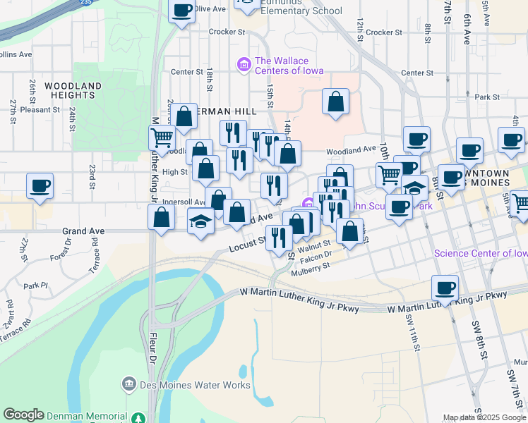 map of restaurants, bars, coffee shops, grocery stores, and more near 1500 Ingersoll Avenue in Des Moines