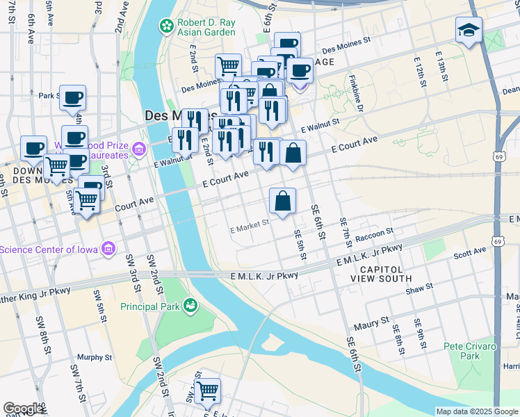 map of restaurants, bars, coffee shops, grocery stores, and more near 108 East 4th Street in Des Moines