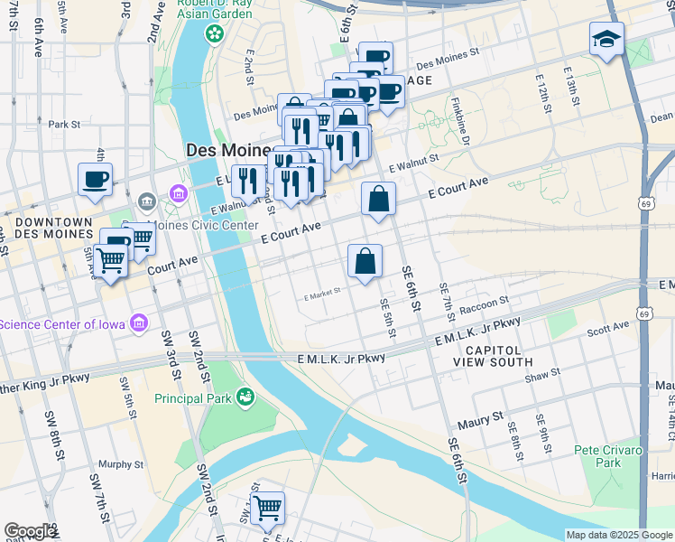 map of restaurants, bars, coffee shops, grocery stores, and more near 108 East 4th Street in Des Moines