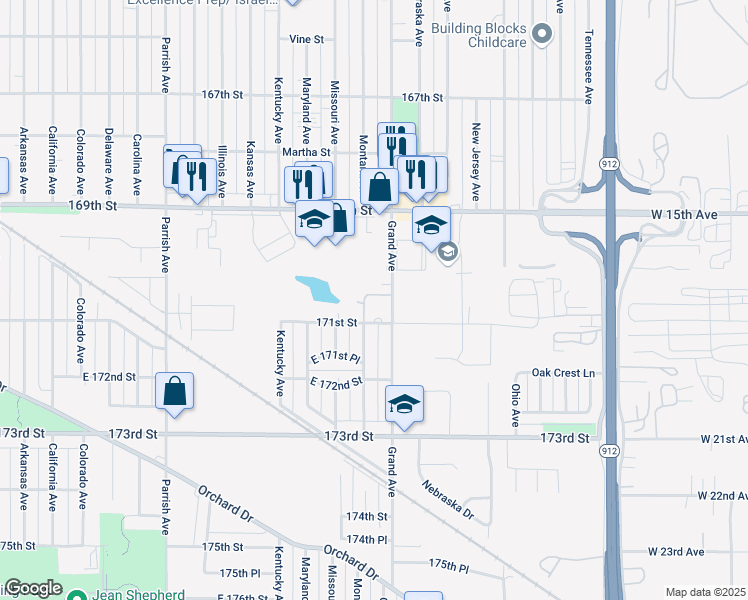 map of restaurants, bars, coffee shops, grocery stores, and more near 3546 170th Place in Hammond