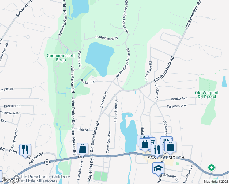 map of restaurants, bars, coffee shops, grocery stores, and more near 61 Andrews Street in Falmouth