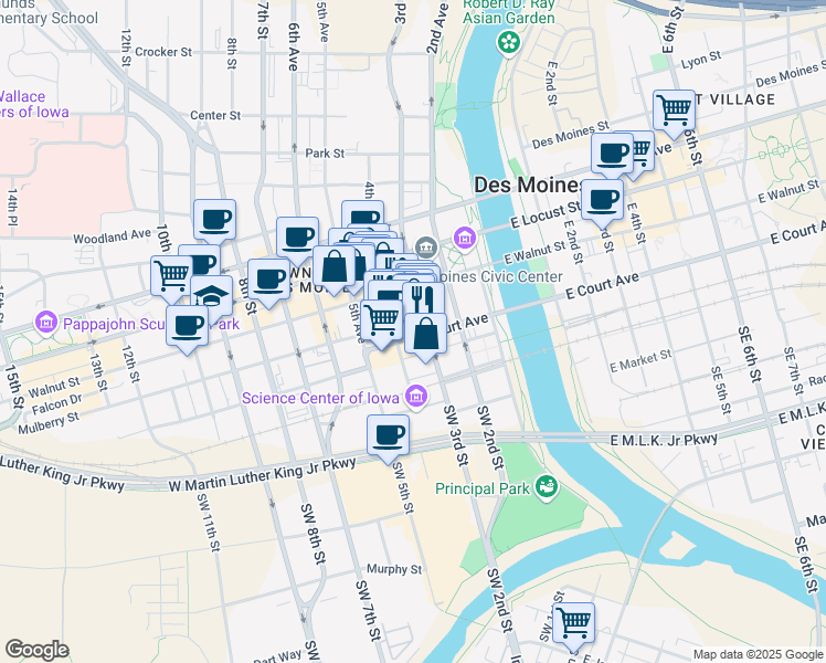 map of restaurants, bars, coffee shops, grocery stores, and more near 311 Court Avenue in Des Moines