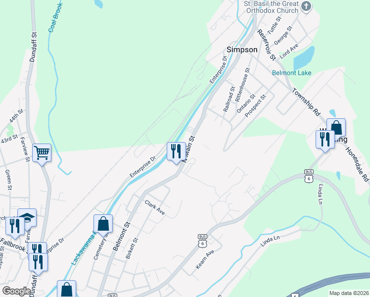 map of restaurants, bars, coffee shops, grocery stores, and more near 311 North Main Street in Simpson