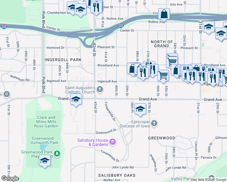 map of restaurants, bars, coffee shops, grocery stores, and more near 4018 Ingersoll Avenue in Des Moines