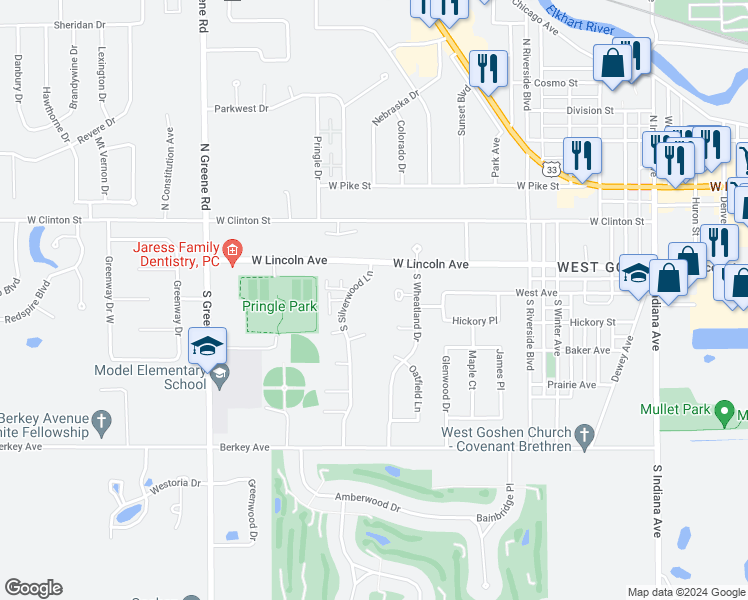 map of restaurants, bars, coffee shops, grocery stores, and more near 206 South Silverwood Lane in Goshen