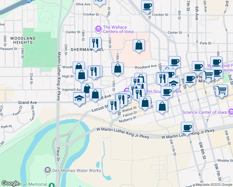 map of restaurants, bars, coffee shops, grocery stores, and more near 1459 Grand Avenue in Des Moines