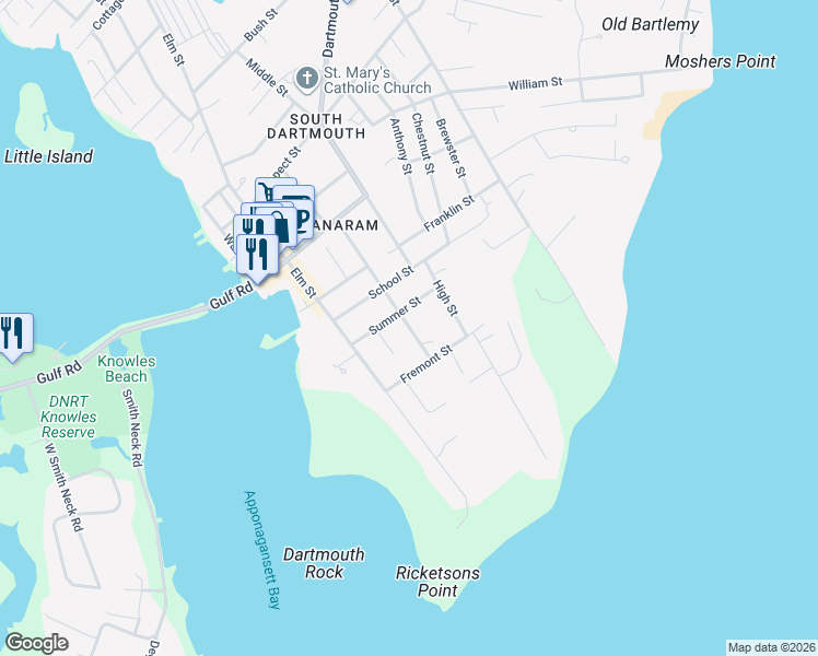map of restaurants, bars, coffee shops, grocery stores, and more near 14 Pleasant Street in Dartmouth