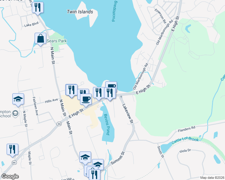 map of restaurants, bars, coffee shops, grocery stores, and more near 8 West Point Road in East Hampton